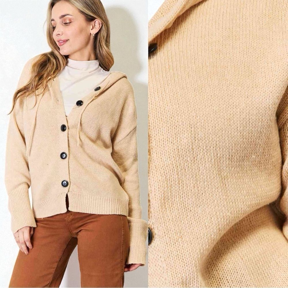 Tan Button-Down Long Sleeve Hooded Sweater NWT - Woven Right - Picture 4 of 12